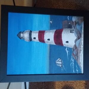 Coastal Lighthouse Art Painting in Black Frame